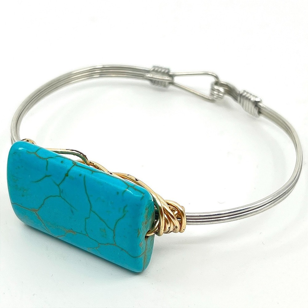 Vintage Two Tone Silver & Gold Boho Turquoise Wire Wrapped Bangle‎ Bracelet Y2K